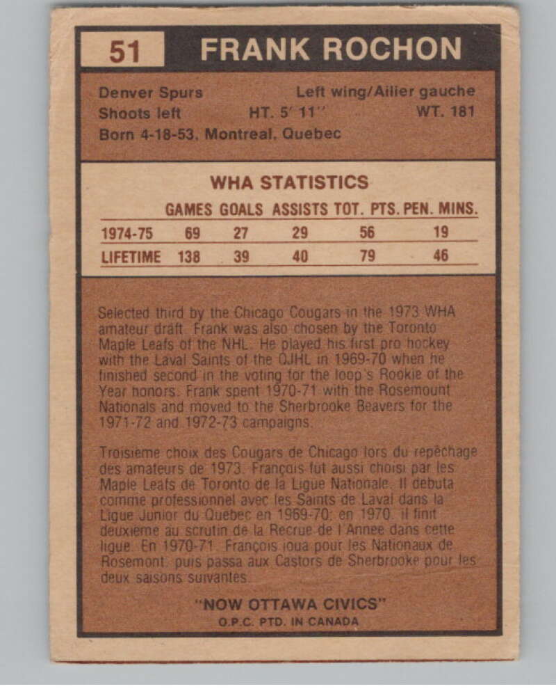1975-76 O-Pee-Chee WHA #51 Frank Rochon  RC Rookie Ottawa Civics  V103188 Image 2