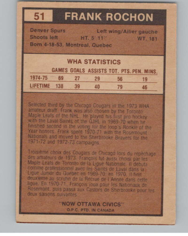 1975-76 O-Pee-Chee WHA #51 Frank Rochon  RC Rookie Ottawa Civics  V103189 Image 2