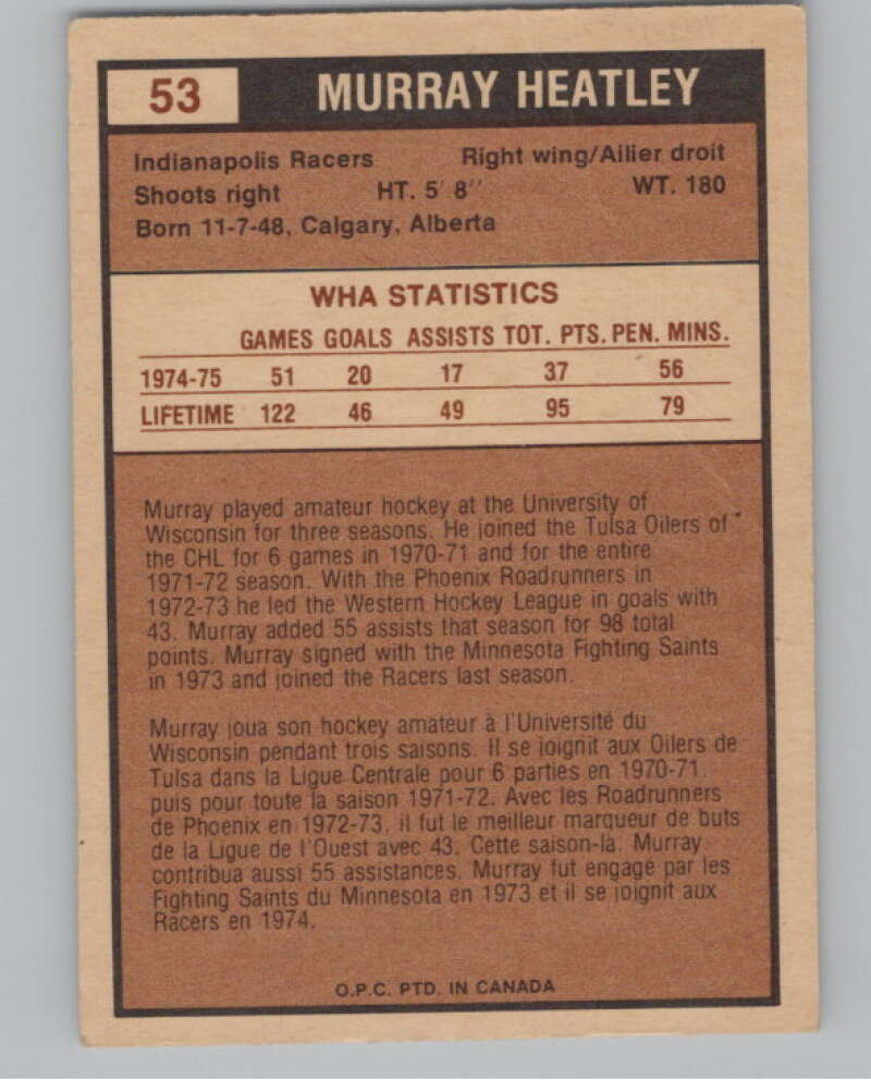 1975-76 O-Pee-Chee WHA #53 Murray Heatley  RC Rookie Indianapolis Racers  V103190 Image 2