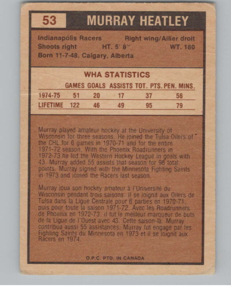 1975-76 O-Pee-Chee WHA #53 Murray Heatley  RC Rookie Indianapolis Racers  V103191 Image 2
