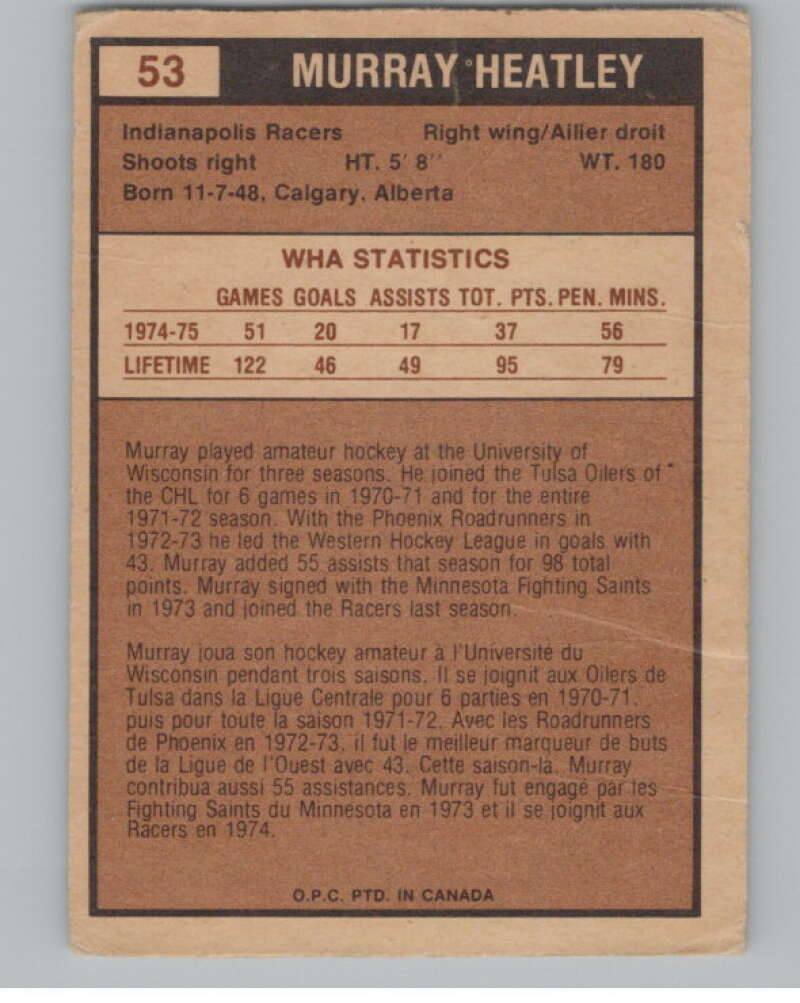 1975-76 O-Pee-Chee WHA #53 Murray Heatley  RC Rookie Indianapolis Racers  V103192 Image 2