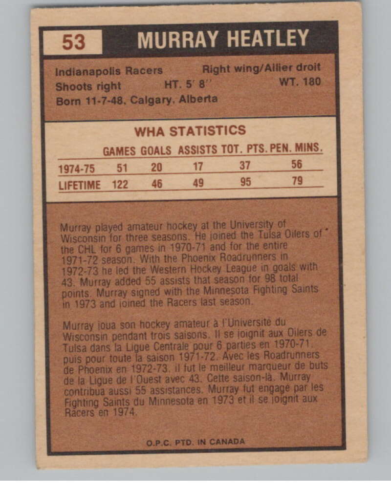 1975-76 O-Pee-Chee WHA #53 Murray Heatley  RC Rookie Indianapolis Racers  V103193 Image 2