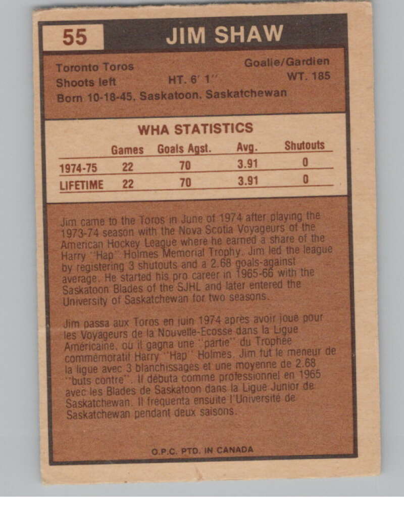 1975-76 O-Pee-Chee WHA #55 Jim Shaw  RC Rookie Toronto Toros  V103196 Image 2