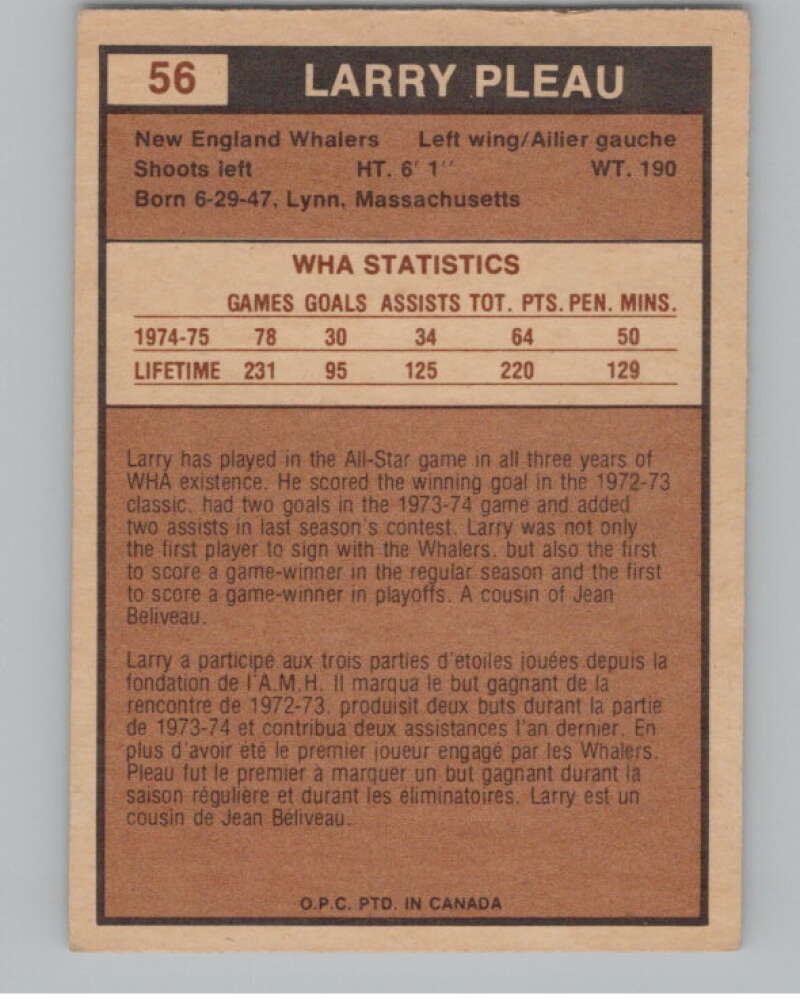 1975-76 O-Pee-Chee WHA #56 Larry Pleau  RC Rookie New England Whalers  V103197 Image 2