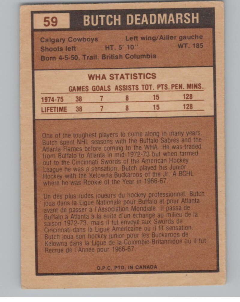 1975-76 O-Pee-Chee WHA #59 Butch Deadmarsh  RC Rookie Calgary Cowboys  V103199 Image 2