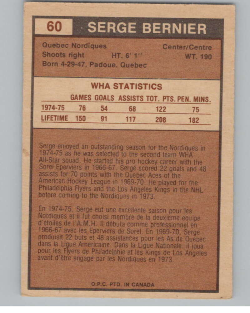 1975-76 O-Pee-Chee WHA #60 Serge Bernier  Quebec Nordiques  V103200 Image 2