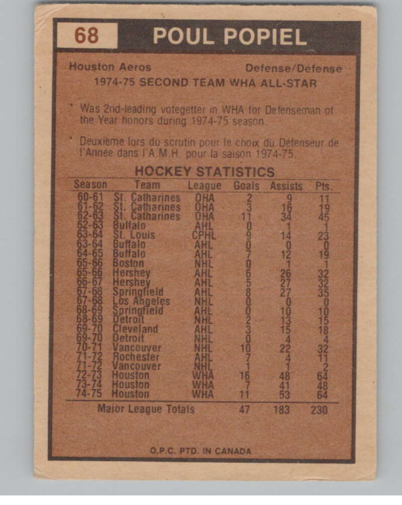 1975-76 O-Pee-Chee WHA #68 Poul Popiel AS  Houston Aeros  V103203 Image 2