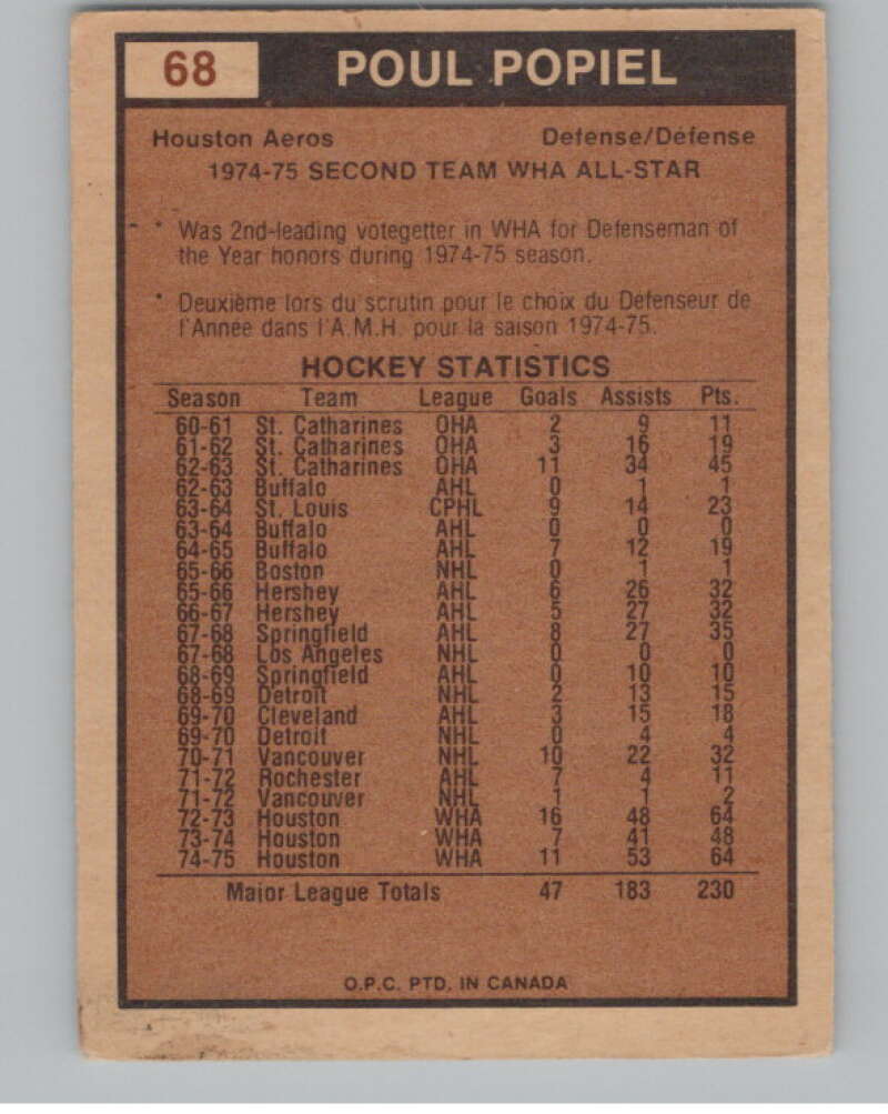1975-76 O-Pee-Chee WHA #68 Poul Popiel AS  Houston Aeros  V103204 Image 2