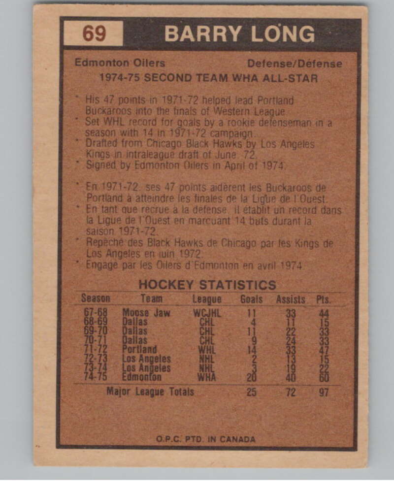 1975-76 O-Pee-Chee WHA #69 Barry Long AS  Edmonton Oilers  V103205 Image 2