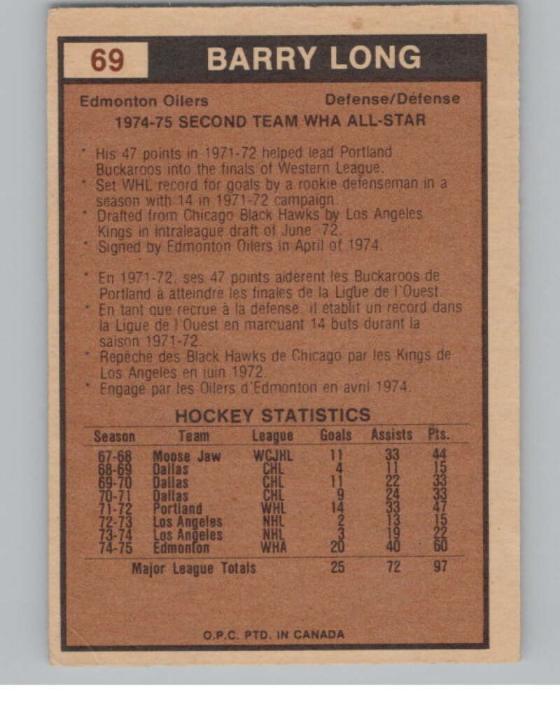 1975-76 O-Pee-Chee WHA #69 Barry Long AS  Edmonton Oilers  V103206 Image 2
