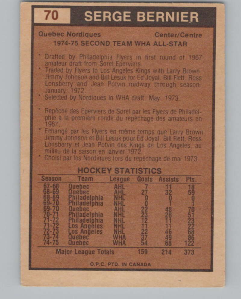 1975-76 O-Pee-Chee WHA #70 Serge Bernier AS  Quebec Nordiques  V103209 Image 2