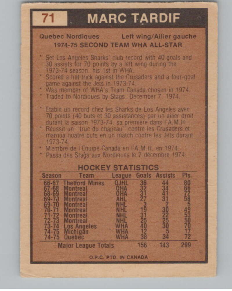 1975-76 O-Pee-Chee WHA #71 Marc Tardif AS  Quebec Nordiques  V103211 Image 2
