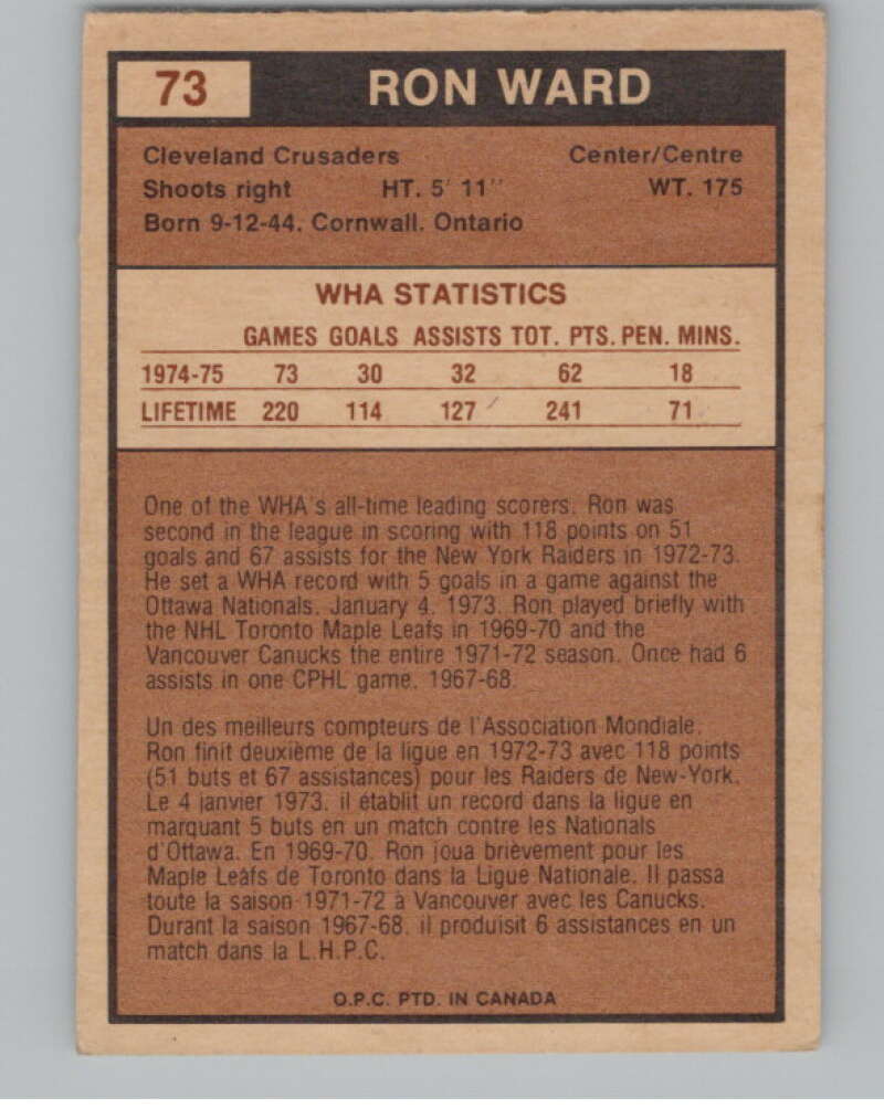 1975-76 O-Pee-Chee WHA #73 Ron Ward  Cleveland Crusaders  V103212 Image 2