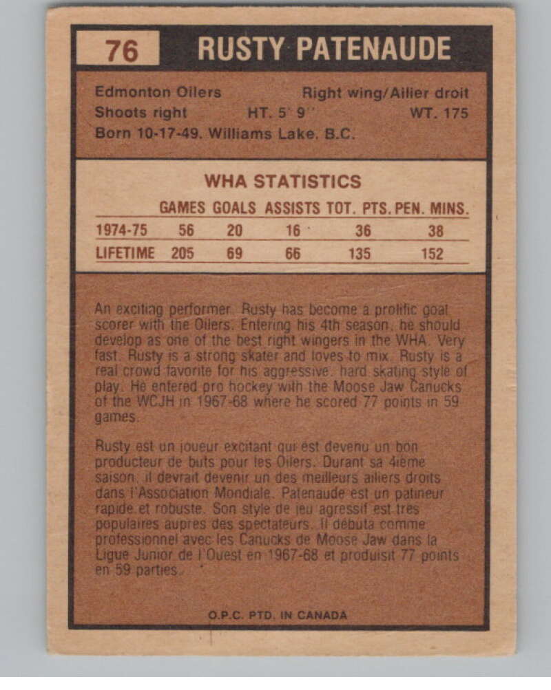 1975-76 O-Pee-Chee WHA #76 Rusty Patenaude  Edmonton Oilers  V103215 Image 2