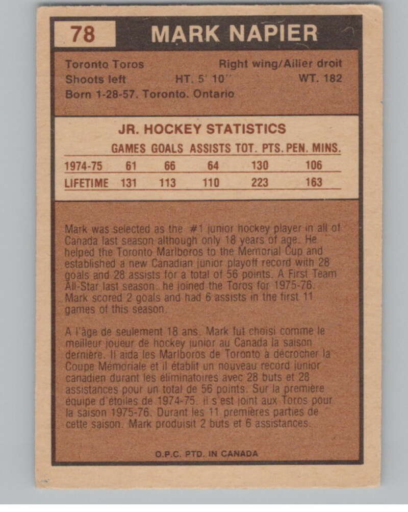 1975-76 O-Pee-Chee WHA #78 Mark Napier  RC Rookie Toronto Toros  V103217 Image 2