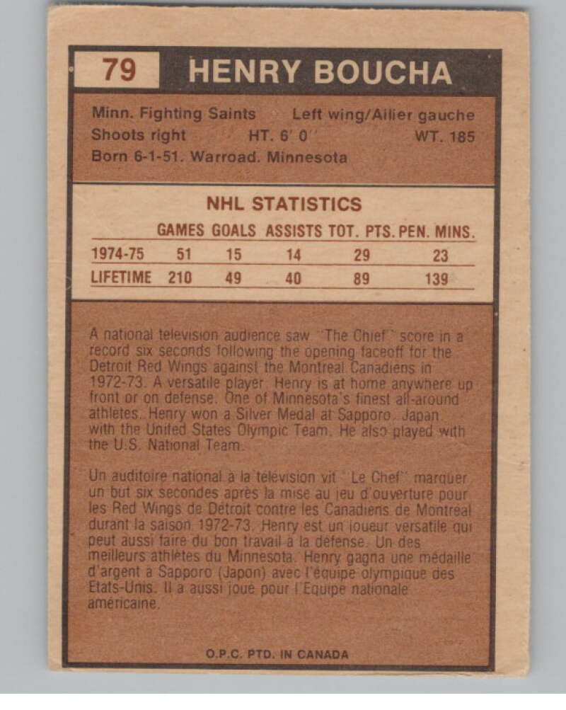 1975-76 O-Pee-Chee WHA #79 Henry Boucha  Minnesota Fighting Saints  V103218 Image 2
