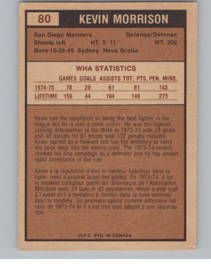 1975-76 O-Pee-Chee WHA #80 Kevin Morrison  RC Rookie San Diego  V103220 Image 2