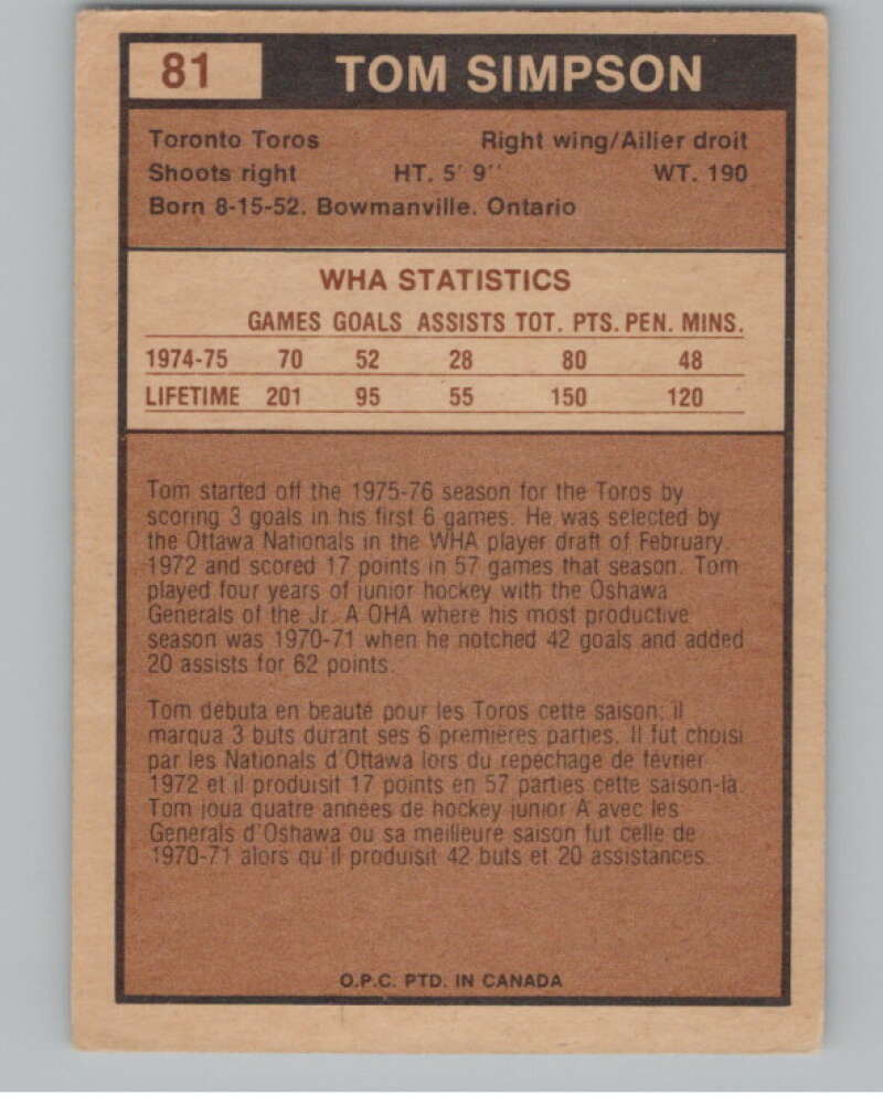 1975-76 O-Pee-Chee WHA #81 Tom Simpson  Toronto Toros  V103221 Image 2