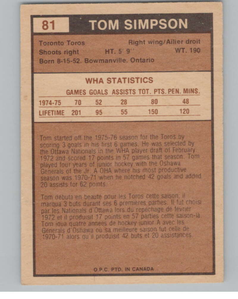1975-76 O-Pee-Chee WHA #81 Tom Simpson  Toronto Toros  V103222 Image 2