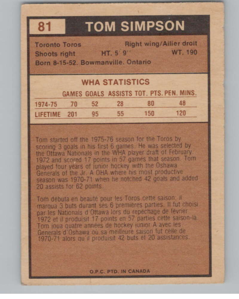 1975-76 O-Pee-Chee WHA #81 Tom Simpson  Toronto Toros  V103223 Image 2