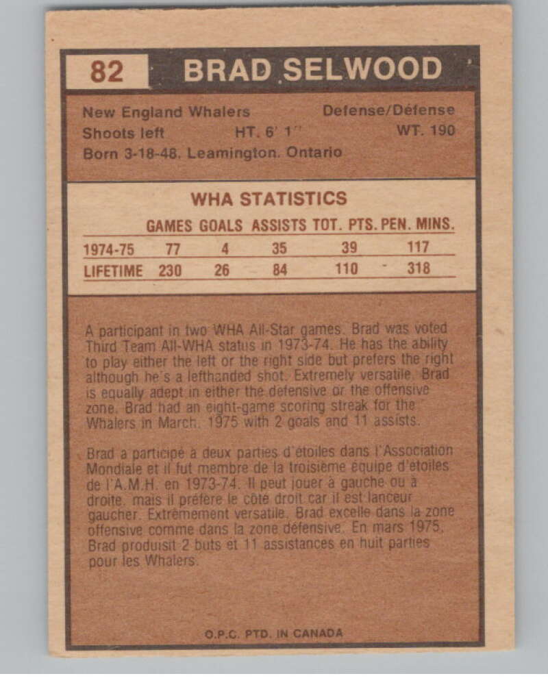 1975-76 O-Pee-Chee WHA #82 Brad Selwood  RC Rookie Whalers  V103224 Image 2