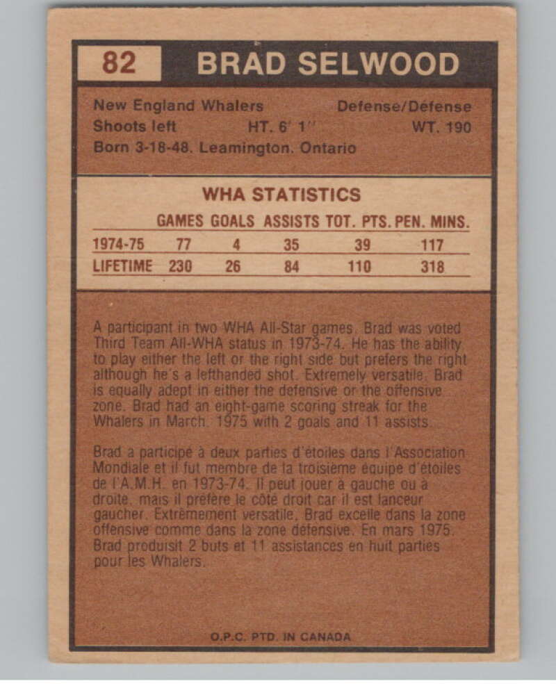 1975-76 O-Pee-Chee WHA #82 Brad Selwood  RC Rookie Whalers  V103225 Image 2