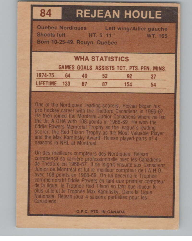 1975-76 O-Pee-Chee WHA #84 Rejean Houle  Quebec Nordiques  V103226 Image 2