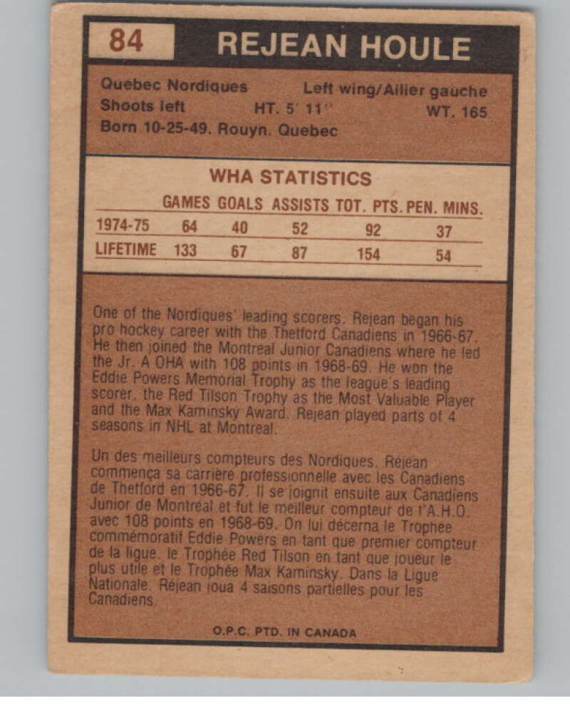 1975-76 O-Pee-Chee WHA #84 Rejean Houle  Quebec Nordiques  V103228 Image 2