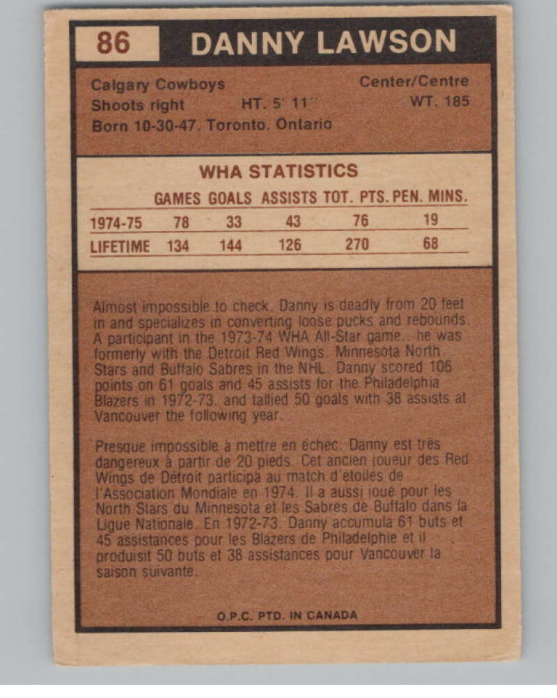1975-76 O-Pee-Chee WHA #86 Danny Lawson  Calgary Cowboys  V103229 Image 2