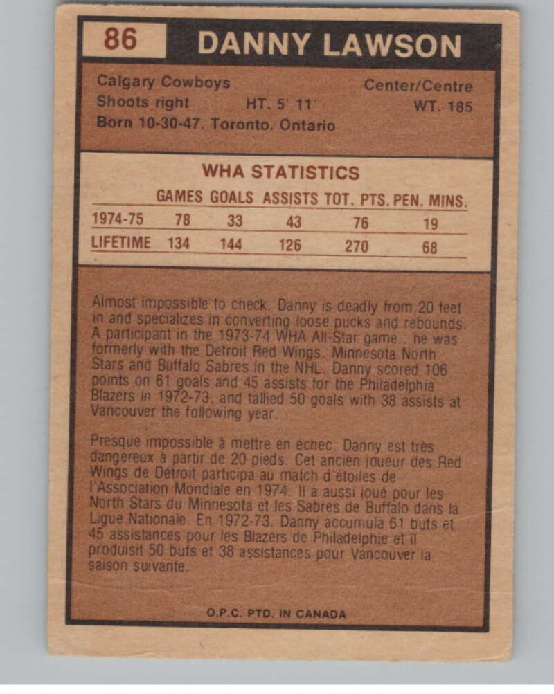 1975-76 O-Pee-Chee WHA #86 Danny Lawson  Calgary Cowboys  V103230 Image 2
