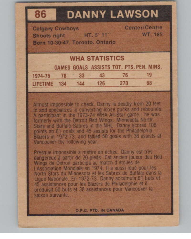 1975-76 O-Pee-Chee WHA #86 Danny Lawson  Calgary Cowboys  V103232 Image 2