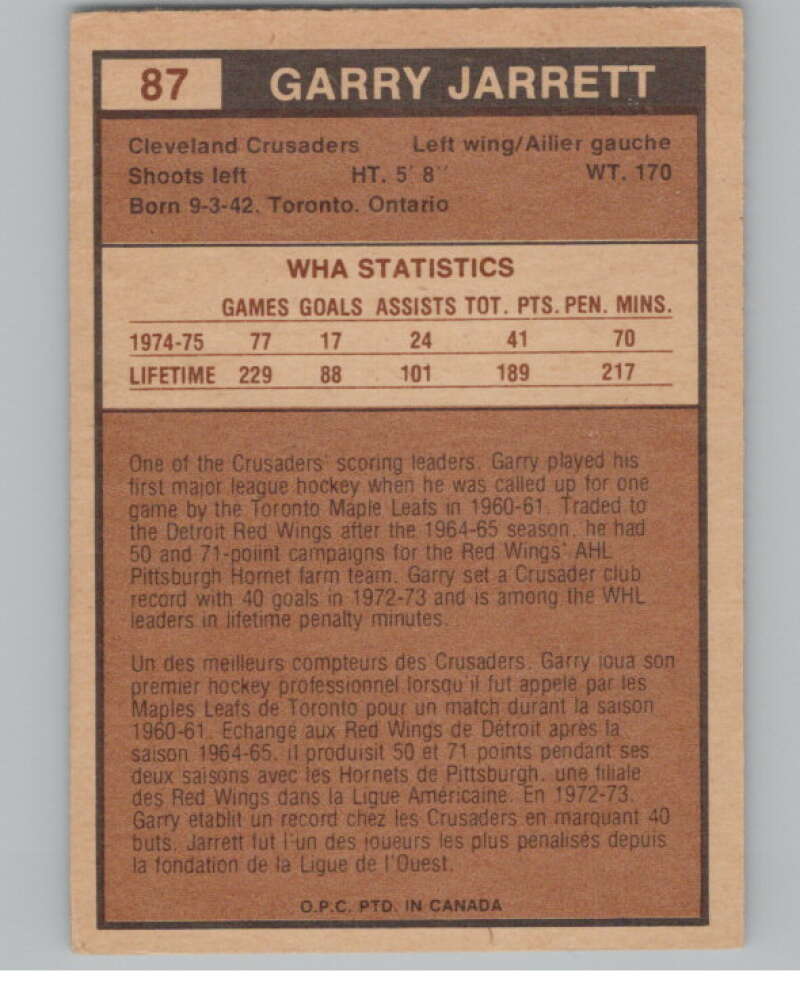 1975-76 O-Pee-Chee WHA #87 Gary Jarrett  Cleveland Crusaders  V103233 Image 2