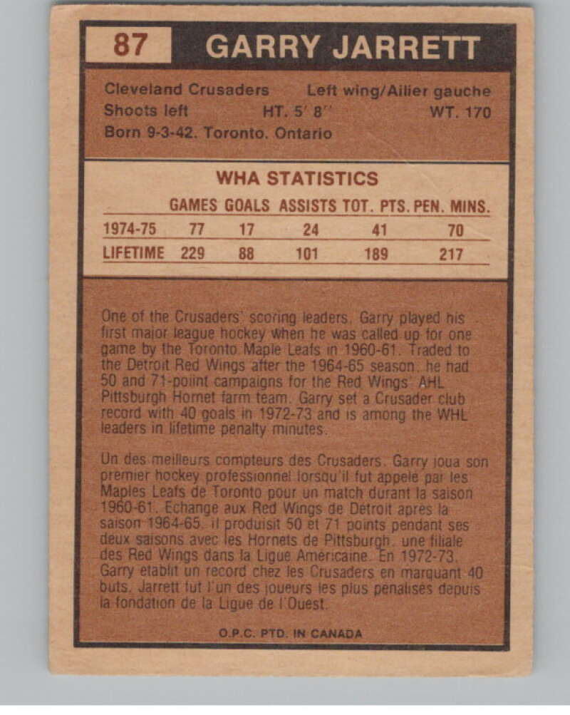 1975-76 O-Pee-Chee WHA #87 Gary Jarrett  Cleveland Crusaders  V103236 Image 2