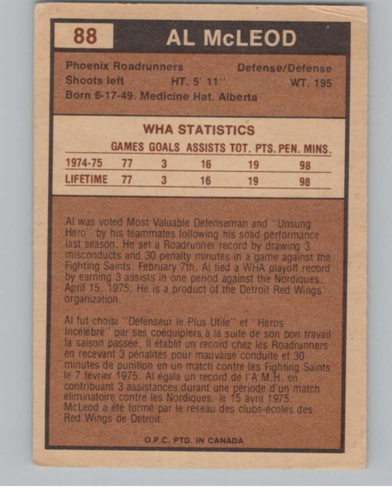 1975-76 O-Pee-Chee WHA #88 Al McLeod  RC Rookie Roadrunners  V103237 Image 2