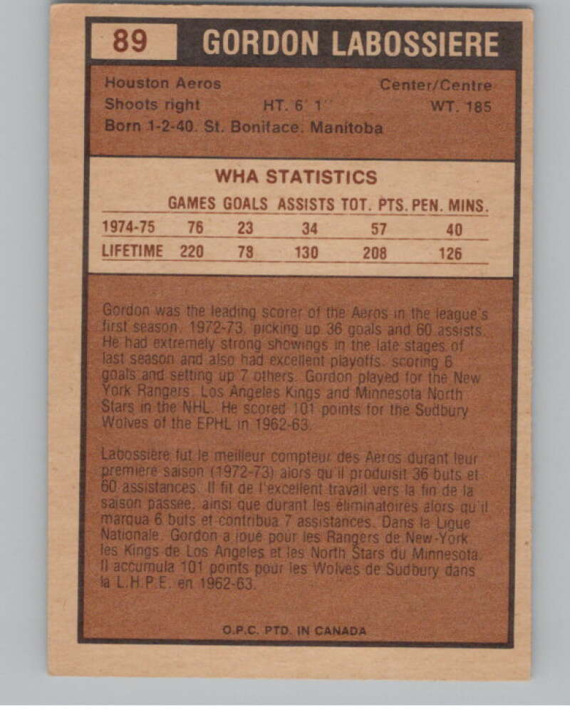 1975-76 O-Pee-Chee WHA #89 Gord Labossiere  Houston Aeros  V103239 Image 2