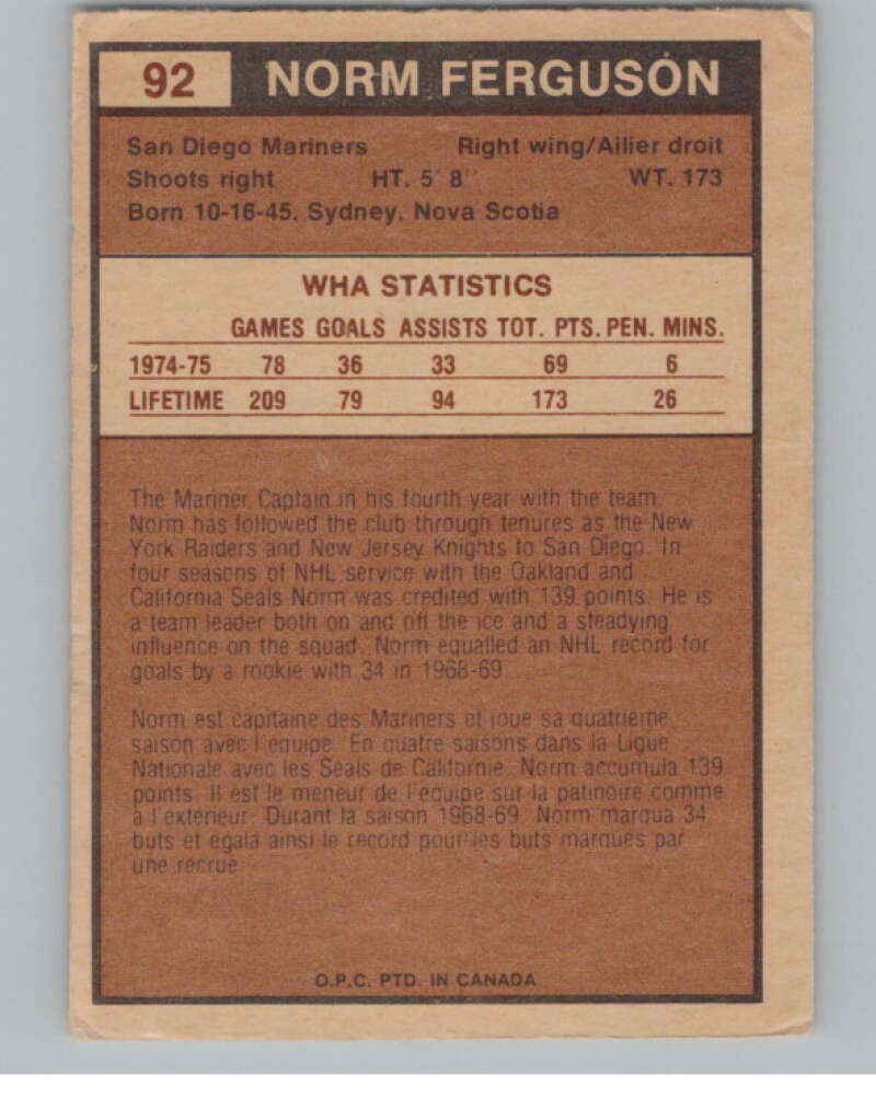 1975-76 O-Pee-Chee WHA #92 Norm Ferguson  San Diego Mariners  V103242 Image 2