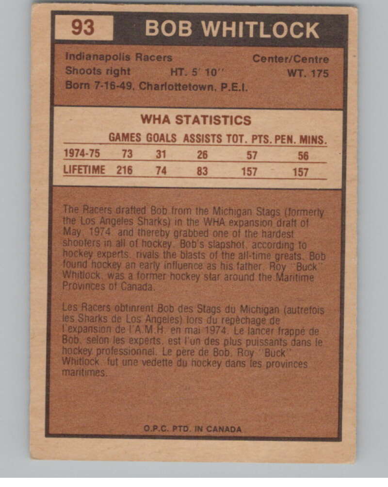 1975-76 O-Pee-Chee WHA #93 Bob Whitlock  Indianapolis Racers  V103243 Image 2
