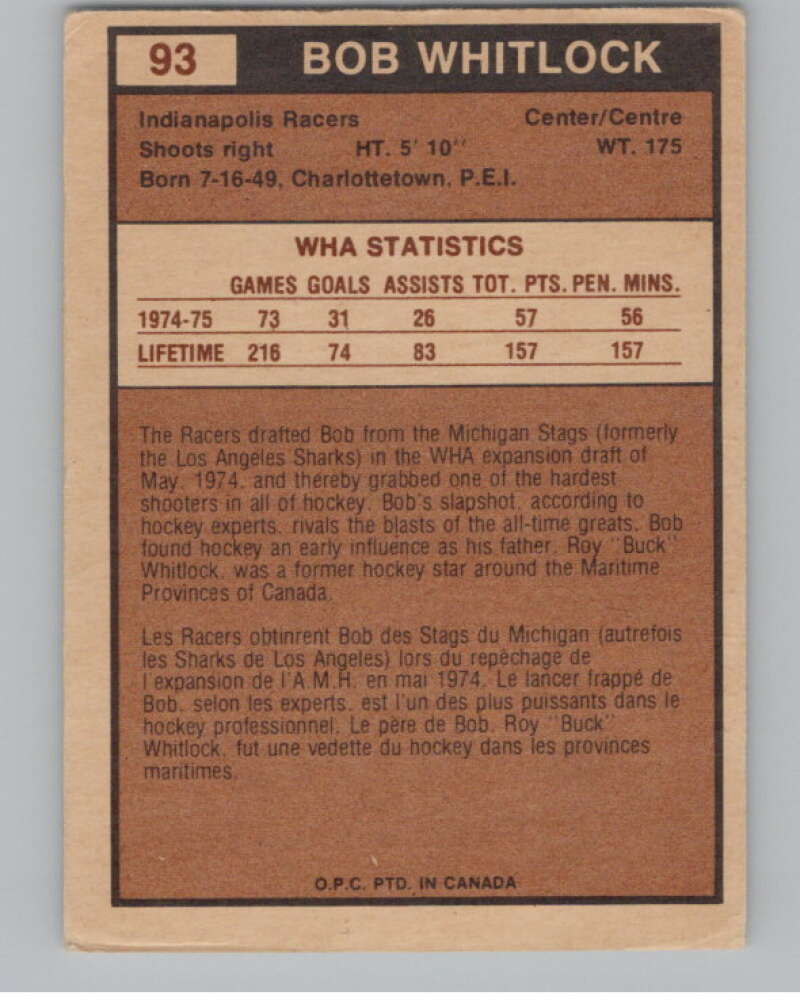 1975-76 O-Pee-Chee WHA #93 Bob Whitlock  Indianapolis Racers  V103245 Image 2