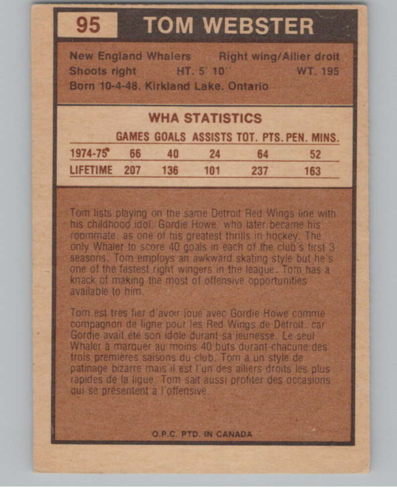1975-76 O-Pee-Chee WHA #95 Tom Webster  New England Whalers  V103246 Image 2