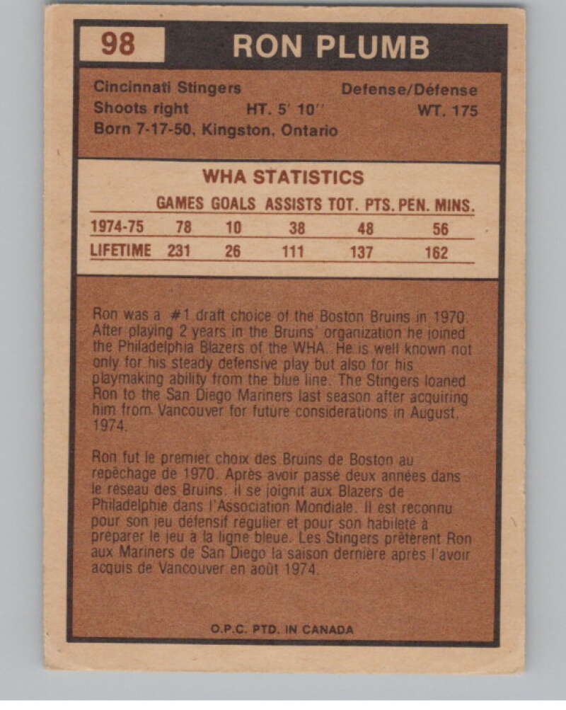 1975-76 O-Pee-Chee WHA #98 Ron Plumb  RC Rookie Cincinnati Stingers  V103247 Image 2