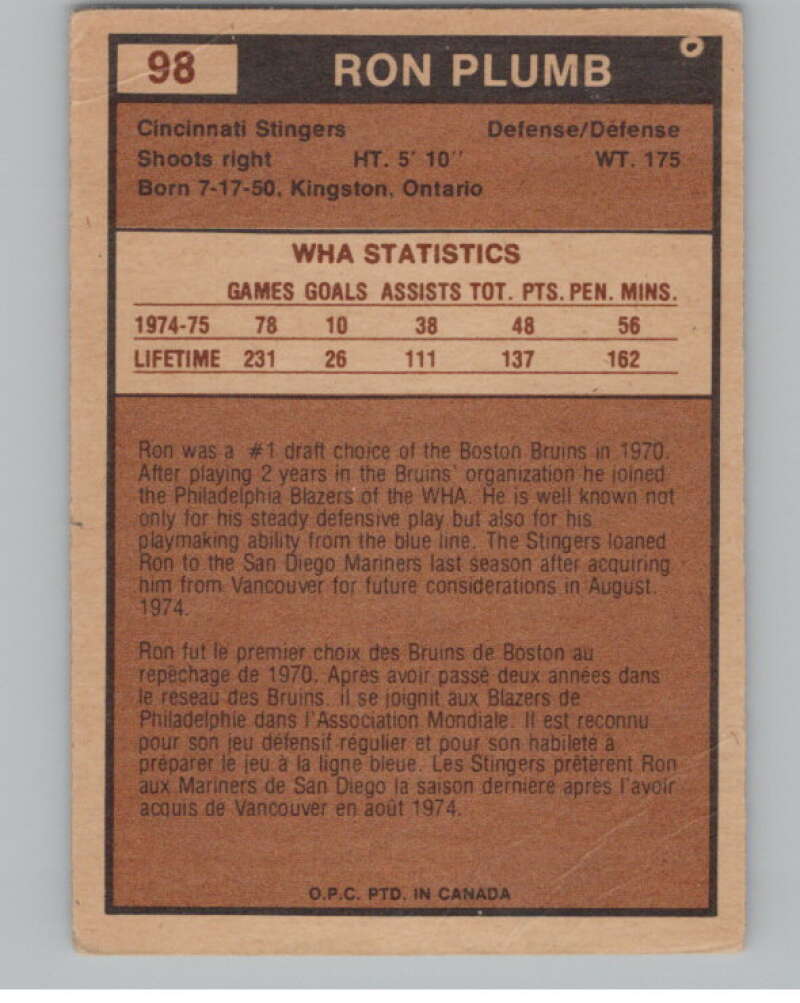 1975-76 O-Pee-Chee WHA #98 Ron Plumb  RC Rookie Cincinnati Stingers  V103248 Image 2