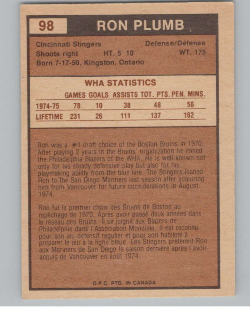 1975-76 O-Pee-Chee WHA #98 Ron Plumb  RC Rookie Cincinnati Stingers  V103250 Image 2