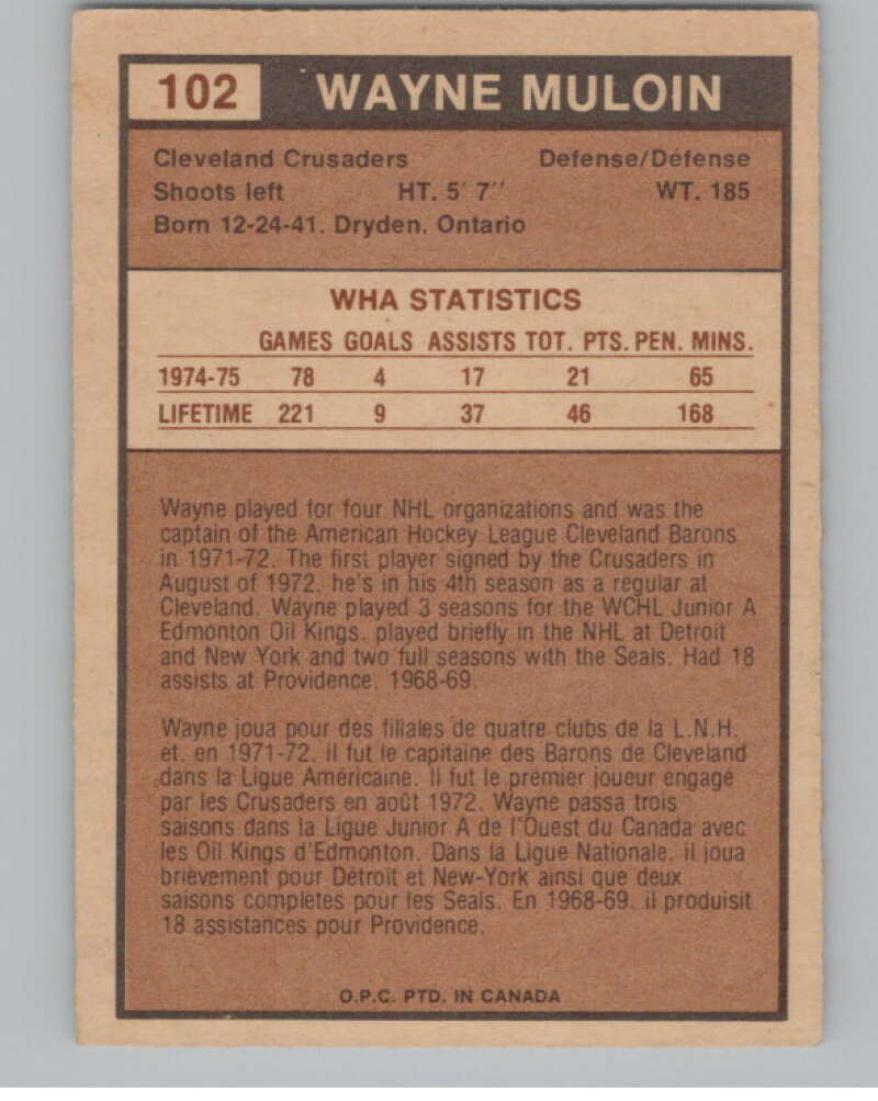 1975-76 O-Pee-Chee WHA #102 Wayne Muloin  RC Rookie Cleveland  V103253 Image 2