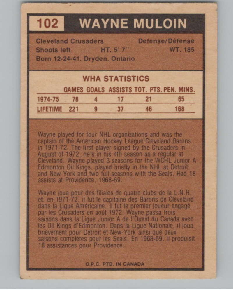 1975-76 O-Pee-Chee WHA #102 Wayne Muloin  RC Rookie Cleveland  V103254 Image 2