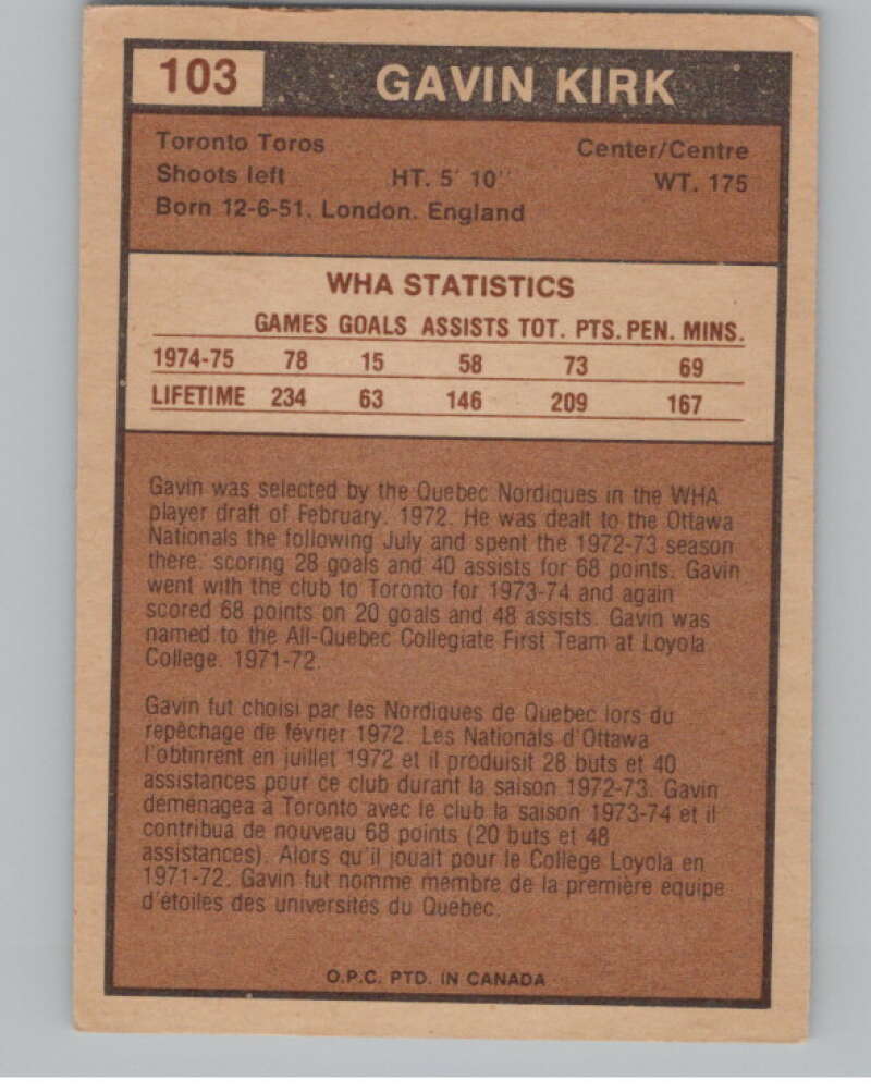 1975-76 O-Pee-Chee WHA #103 Gavin Kirk  RC Rookie Toronto Toros  V103256 Image 2