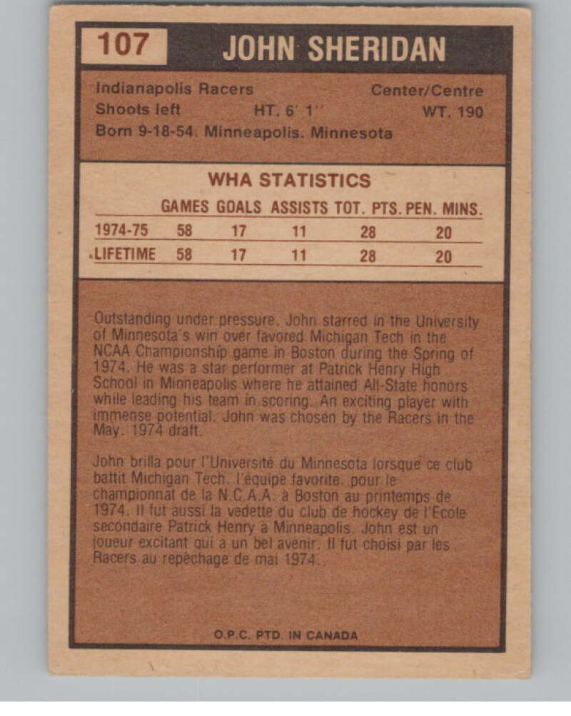 1975-76 O-Pee-Chee WHA #107 John Sheridan  RC Rookie Indianapolis  V103259 Image 2