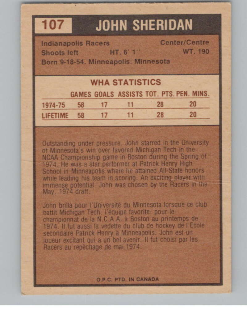 1975-76 O-Pee-Chee WHA #107 John Sheridan  RC Rookie Indianapolis  V103260 Image 2