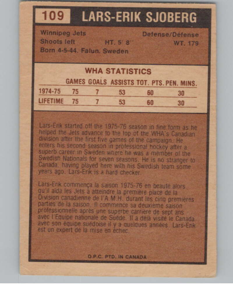1975-76 O-Pee-Chee WHA #109 Lars-Erik Sjoberg  Winnipeg Jets  V103261 Image 2