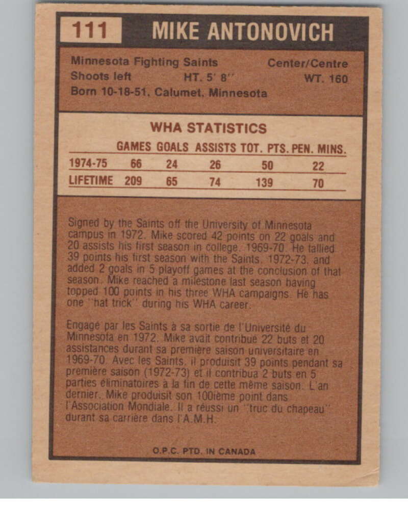 1975-76 O-Pee-Chee WHA #111 Mike Antonovich  Minnesota Fighting Saints  V103262 Image 2