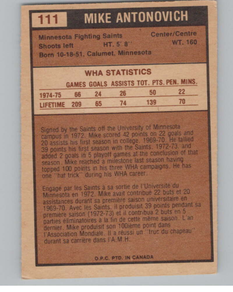 1975-76 O-Pee-Chee WHA #111 Mike Antonovich  Minnesota Fighting Saints  V103263 Image 2